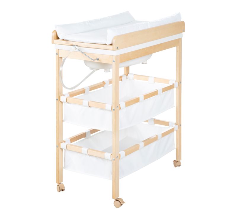 Table à Langer Avec Baignoire Baby Pool + Matelas à Langer Blanc - Bois Naturel