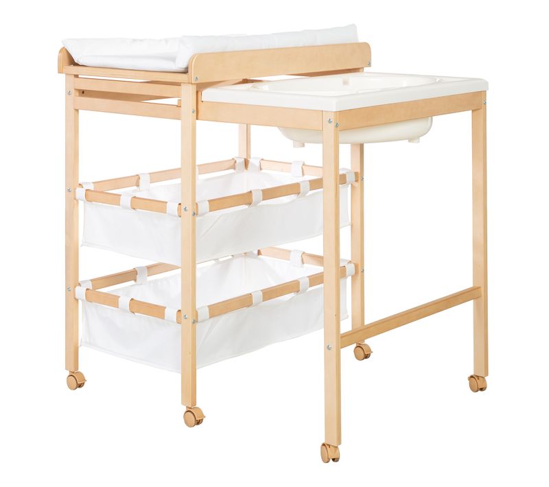 Table à Langer Avec Baignoire Baby Pool + Matelas à Langer Blanc - Bois Naturel