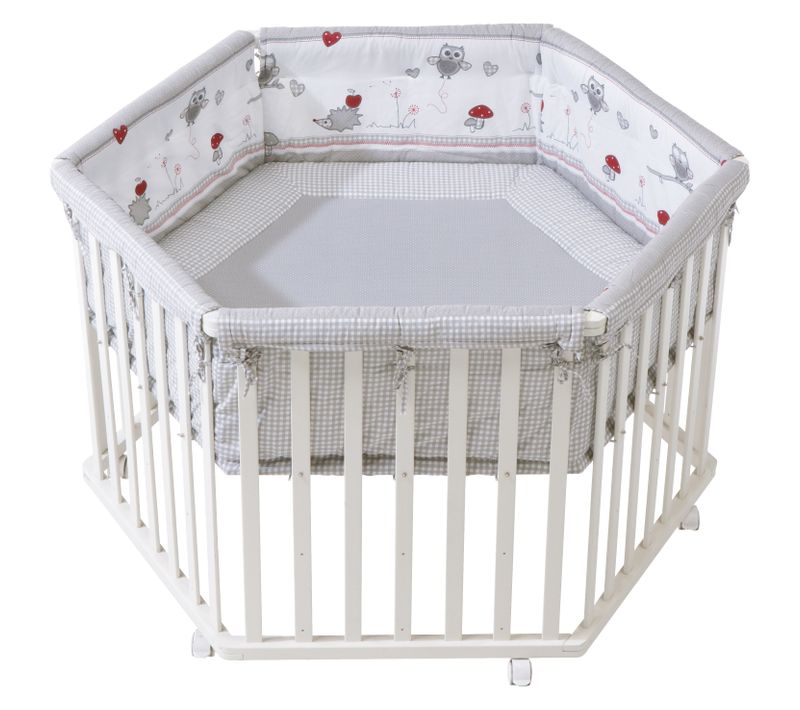 Parc Bébé Hexagonal + Tapis Adam Et Eule - Bois Blanc