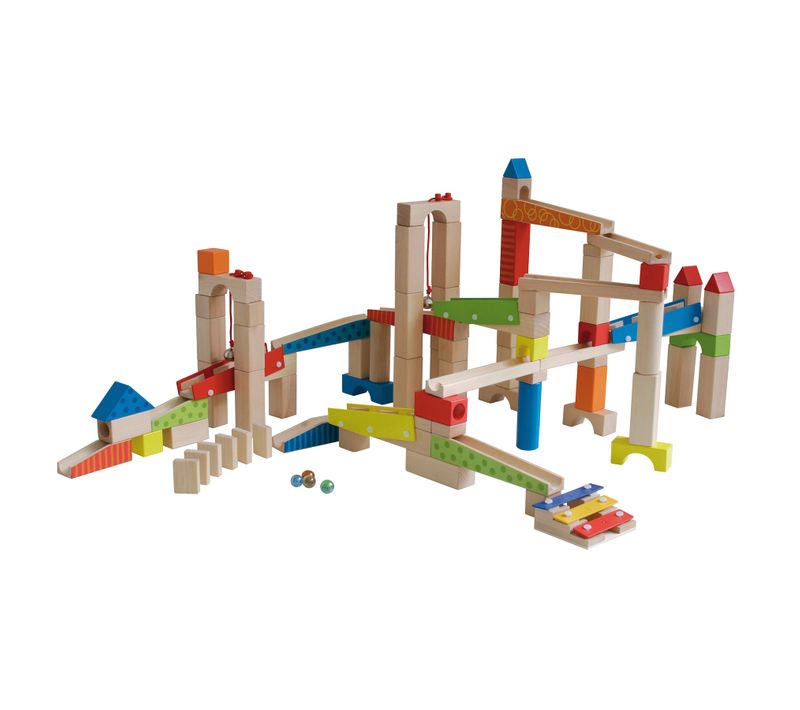 Circuit à Billes Pour Enfants - 80 Blocs De Construction En Bois + 20 Billes