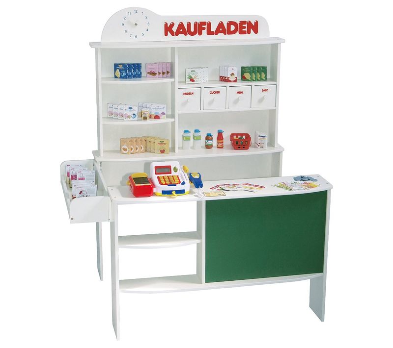 Marchande En Bois + Caisse Enregistreuse Et Accessoires - Horloge Et Tableau Intégrés - Blanc