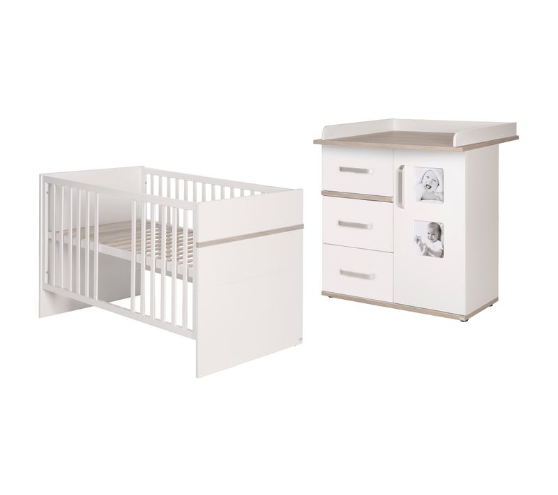 Set De Meuble Moritz - Lit Bébé Évolutif + Commode à Langer - Blanc / Décor Bois