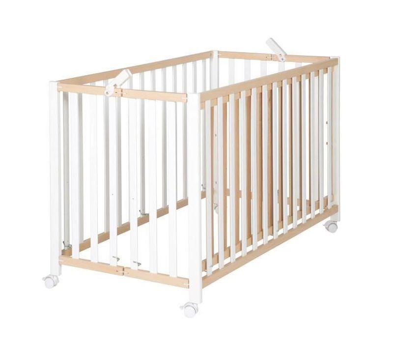 Lit Bébé Pliant Fold Up 60 X 120 Cm - Hêtre Naturel et Blanc, Réglable