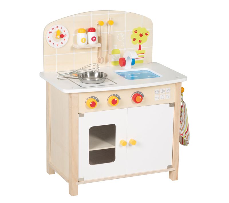 Cuisine Enfant En Bois - Avec Plaque De Cuisson + Évier + Accessoires - Dès 3 Ans - Naturel / Blanc