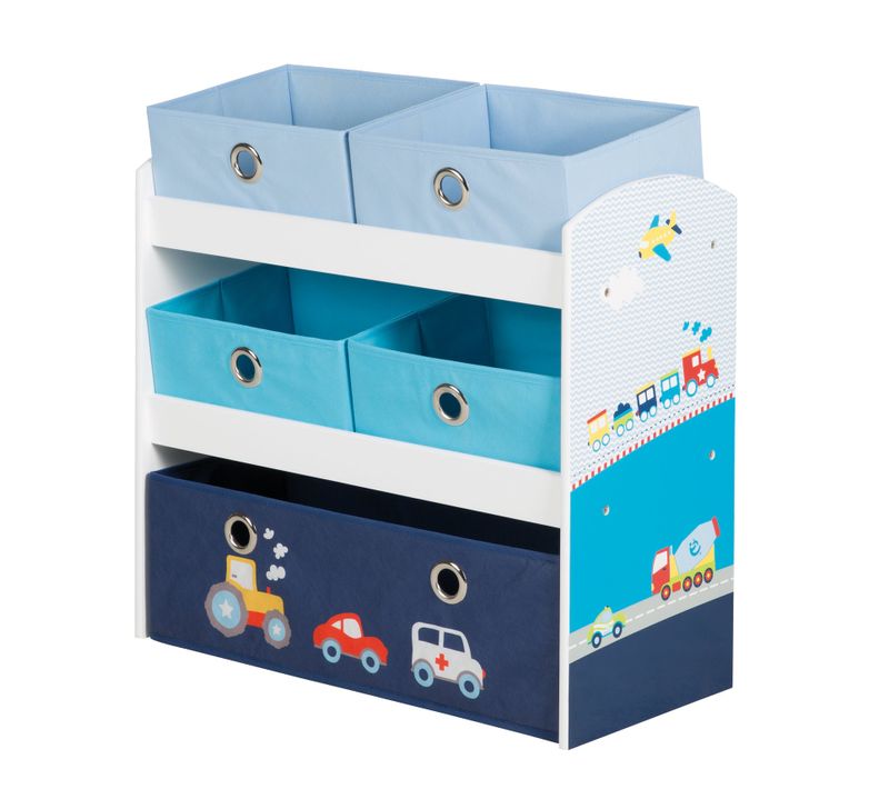 Étagère De Jouets Pour La Chambre D'enfant En Bois Bleu Avec 5 Boites En Toile - Rennfahrer