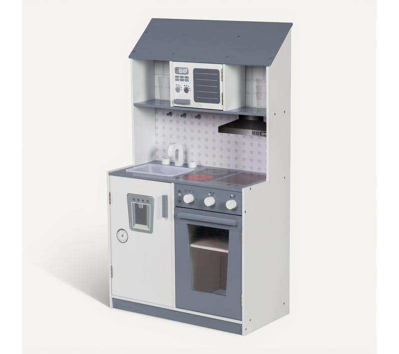 Cuisine Enfant En Bois - Avec Plaque De Cuisson + Micro-ondes + Four + Réfrigérateur - Gris / Blanc