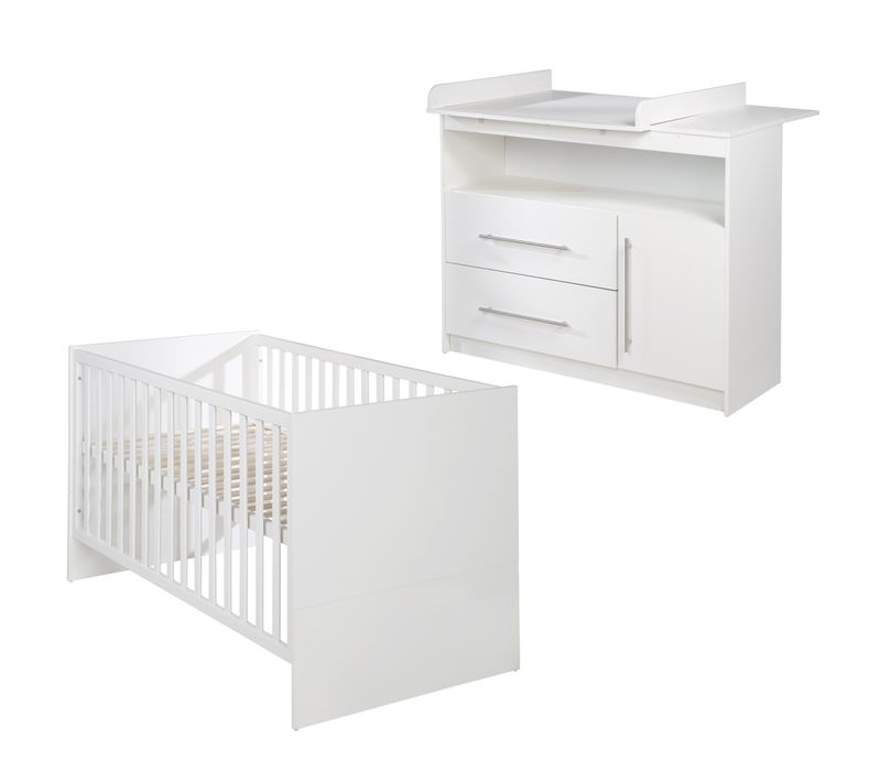 Set De Meubles Maren - Lit Bébé Évolutif + Commode à Langer Large - Blanc