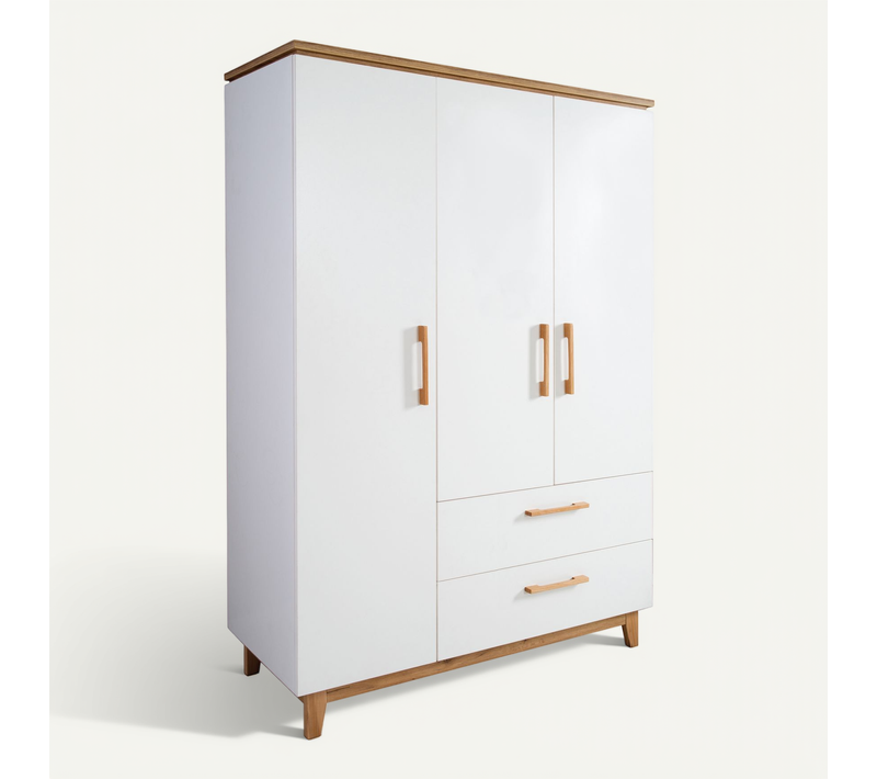 Armoire Finn 3 Portes - 2 Tiroirs - Blanc - Poignées En Bois Massif