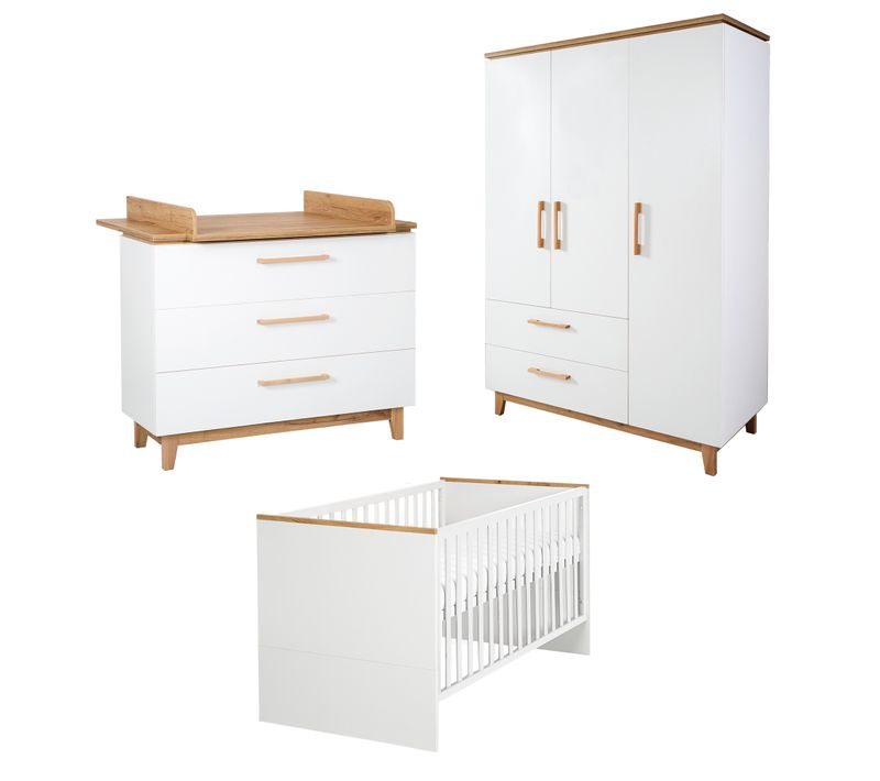 Ensemble De Chambre Finn - Lit Bébé + Commode à Langer + Armoire 3 Portes - Blanc / Effet Chêne