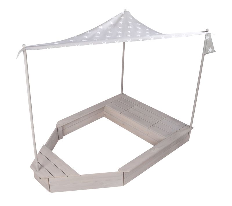 Bac à Sable Bateau En Bois Massif + Toit Pare-soleil