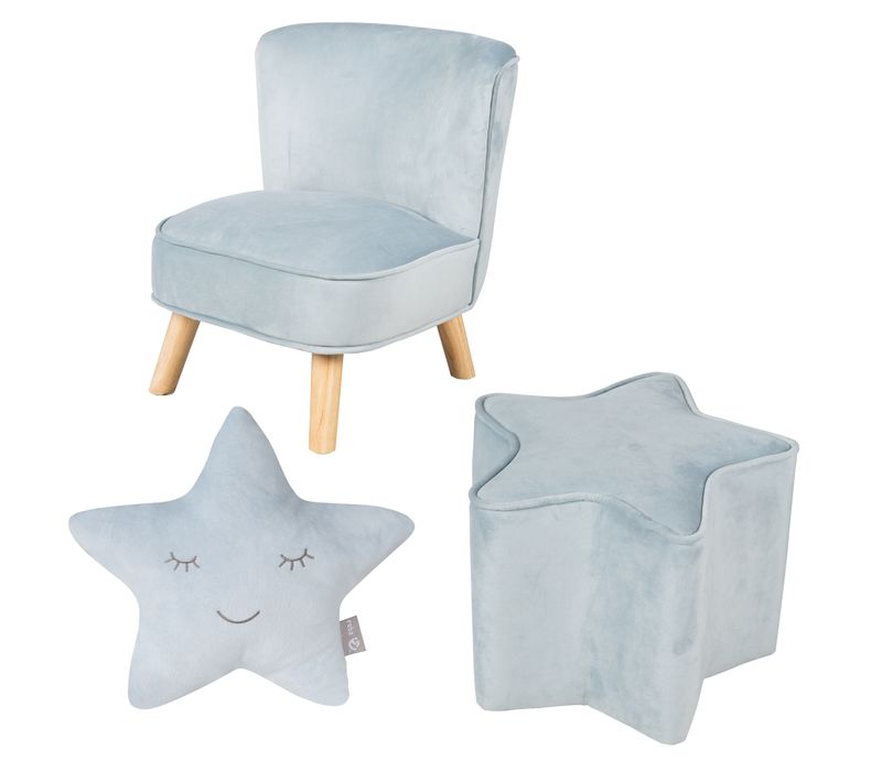 Ensemble Lil Sofa - Fauteuil + Tabouret + Coussin Décoratif - Bleu Clair
