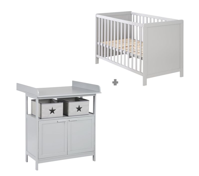Chambre Bébé Duo - Lit Cododo 60x120 + Commode à Langer à 2 Portes - Gris Taupe - Hamburg