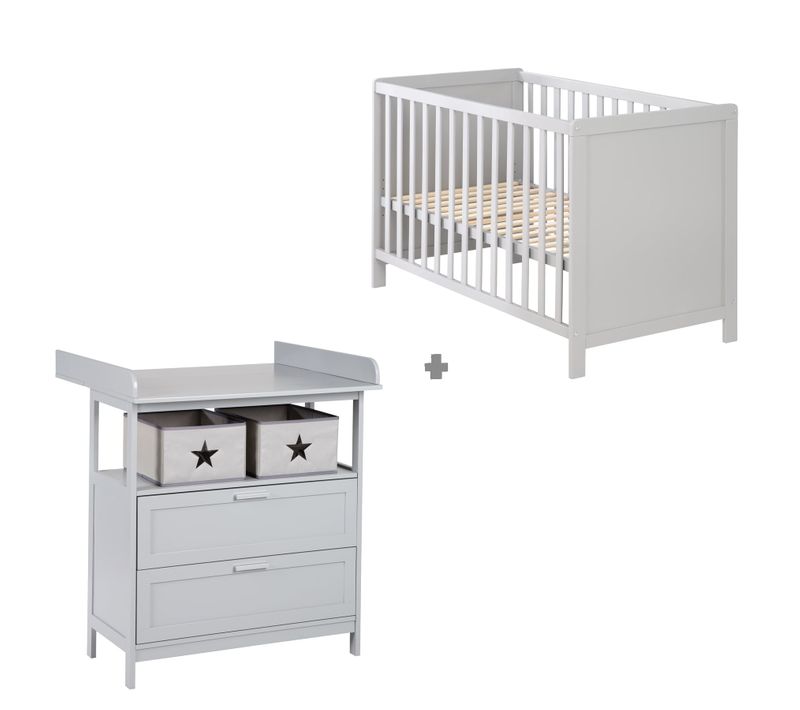 Chambre Bébé Duo - Lit Cododo 60x120 + Commode à Langer à 2 Tiroirs - Gris Taupe - Hamburg