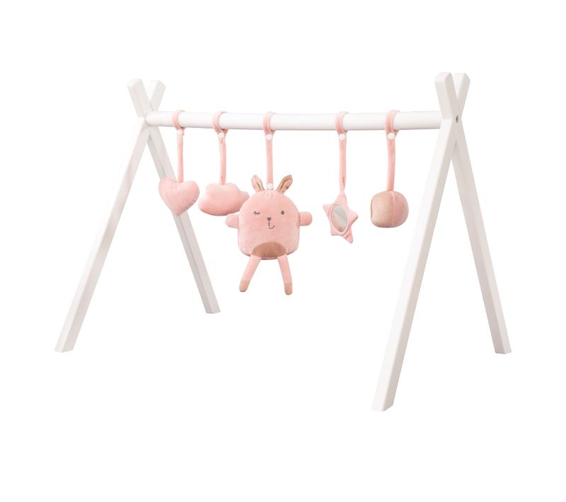 Portique D'éveil En Bois Pour Bébé + 5 Pendentifs Roba Style - Blanc/rose