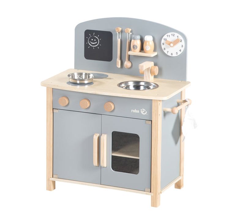 Cuisine Enfant En Bois - Avec Plaque De Cuisson + Évier + Accessoires - à Partir De 3 Ans - Gris