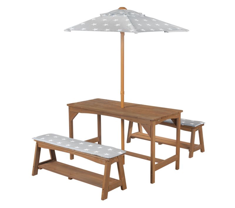 Ensemble De Jardin Pour Enfants - Table Et 2 Bancs En Bois Tack Avec Parasol Et Coussins - Outdoor+