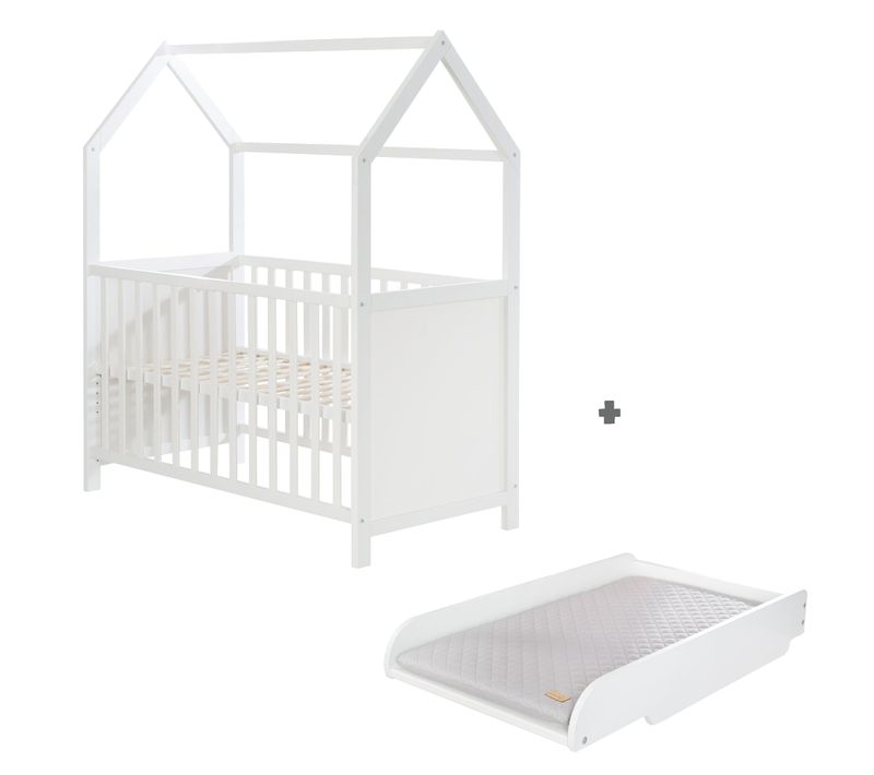Lit Bébé Cabane 60x120 + Plan à Mettre Sur Le Lit + Matelas à Langer - Convertible - Bois Blanc