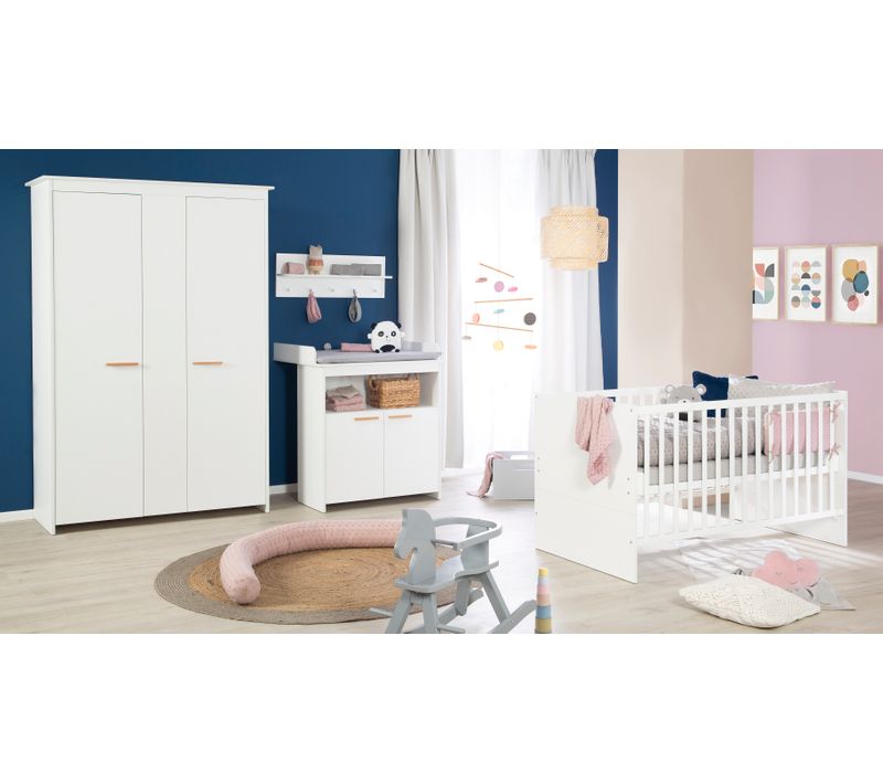 Chambre Bébé Complète Anton - Lit Évolutif 70 X 140 + Commode à Langer + Armoire 3 Portes - Blanc