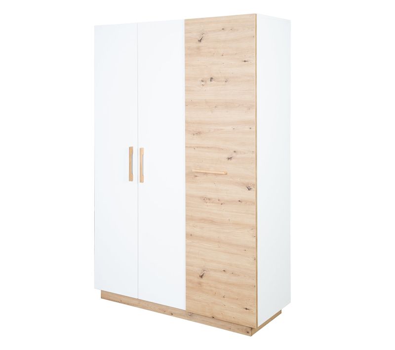 Armoire Bébé Lion 3 Portes à Fermeture Douce - Poignées En Bois Massif - Blanc - Décor Bois 