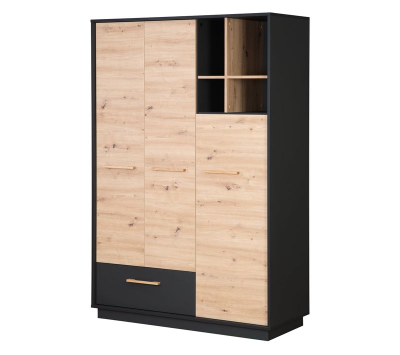 Armoire Bébé Lenn 3 Portes à Fermeture Douce - Poignées En Bois Massif - Anthracite - Décor Bois