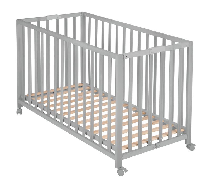 Lit Bébé Pliant 60x120 Réglable En Hauteur - Bois Laqué Taupe - Avec Roulettes - Fold Up