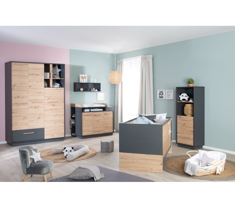 Chambre Bébé Trio Lenn - Lit Évolutif 70x140 + Commode à Langer + Armoire - Anthracite - Décor Bois