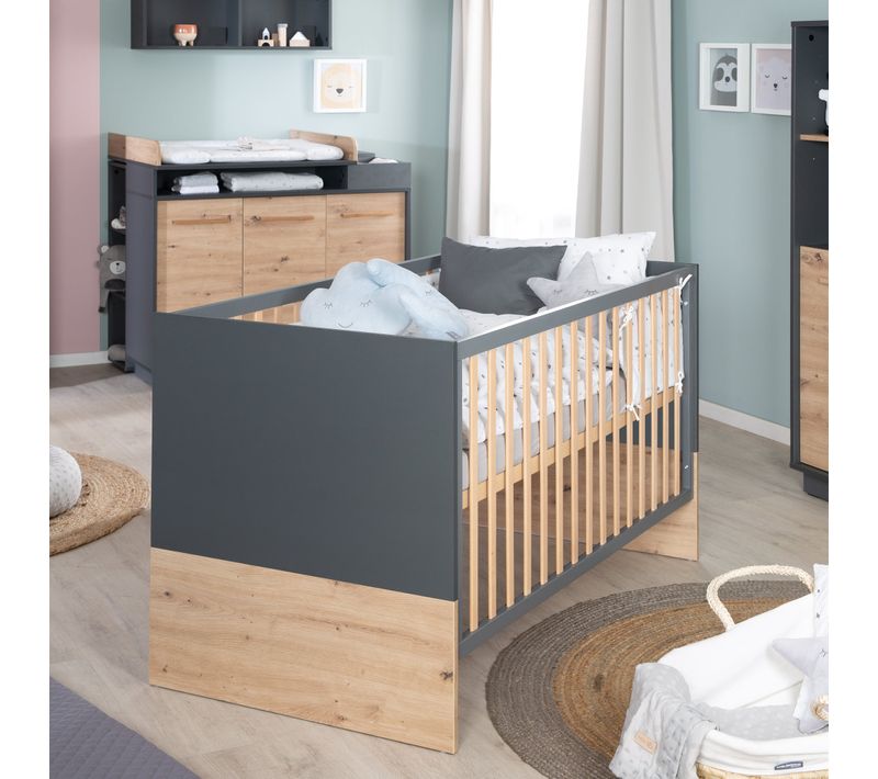 Chambre Bébé Duo Lenn - Lit Évolutif 70x140 Cm + Commode à Langer - Anthracite - Décor Bois