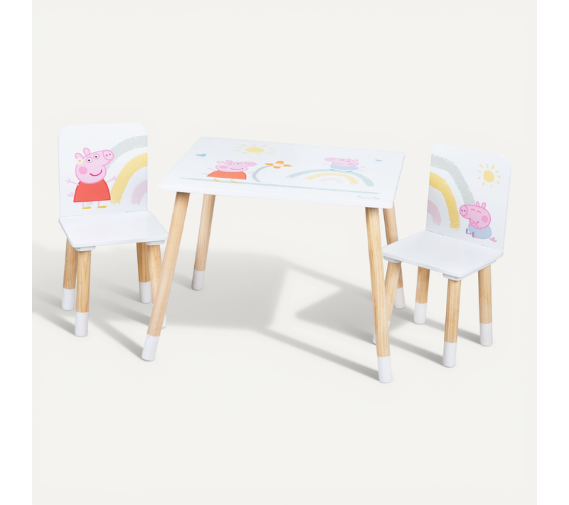 Ensemble Table + 2 Chaises Enfants Peppa Pig - Motif Truie - Pieds En Bois Naturel - Rose