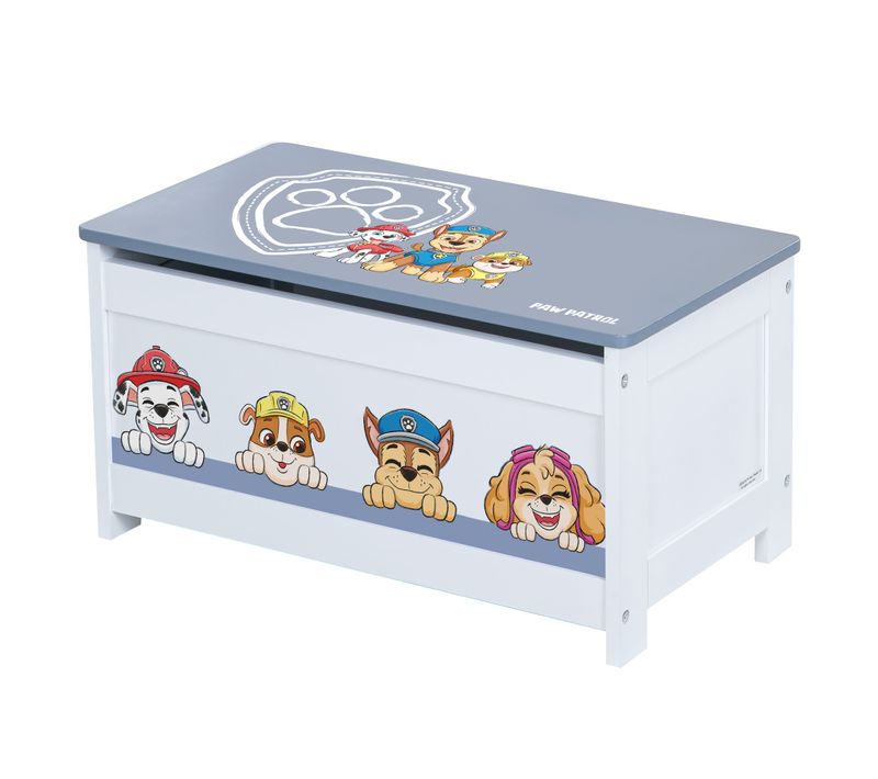 Coffre à Jouets En Bois Pat Patrouille - Couvercle Rabattable - Motif Chiens - Blanc Et Bleu-gris