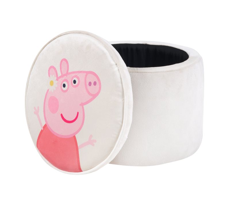 Pouf Coffre Bébé Rond Peppa Pig - Pouf De Rangement Pour Enfant En Velours - Beige - Motif Truie