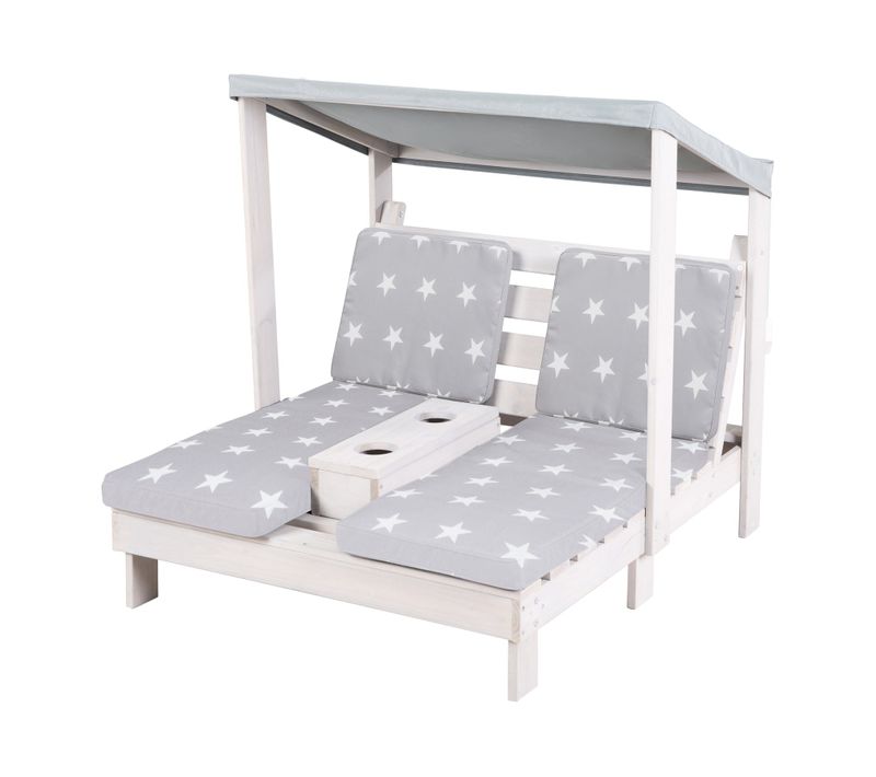 Double Chaise Longue Pour Enfants En Bois Massif Avec 4 Coussins Et Pare Soleil - Gris