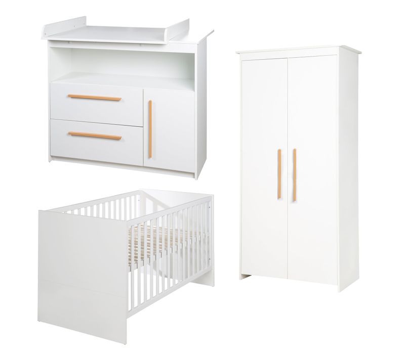 Chambre Complète De Bébé Lilo : Lit Évolutif + Commode à Langer + Armoire 2 Portes - Blanc Mat