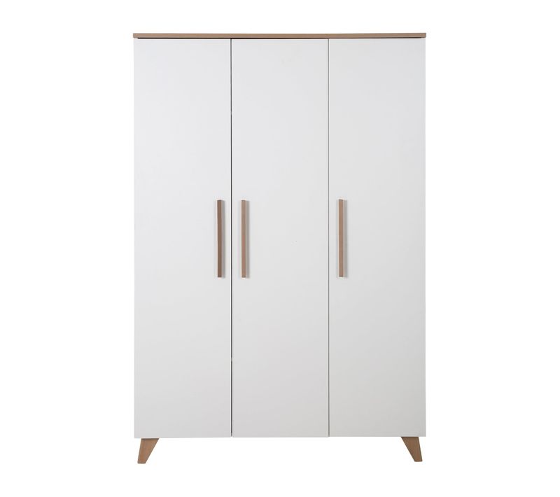 Armoire Bébé 3 Portes Battantes Ole - Blanc Mat - Chêne Massif - Penderie Et 5 étagères