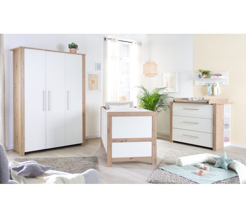 Chambre Bébé Complète Malo - Lit Évolutif 70x140 + Commode à Langer + Armoire - Blanc - Décor Chêne