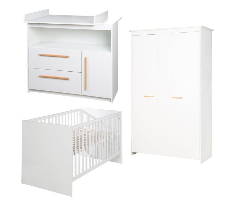 Chambre Complète Bébé Lilo : Lit Évolutif + Commode à Langer + Armoire à 2 Tringles - Blanc Mat