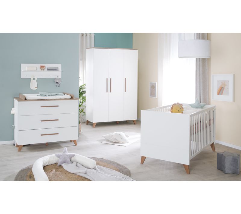 Chambre Bébé Complète Ole - Lit évolutif 70x140 + Commode à Langer + Armoire - Blanc - Chêne Foncé