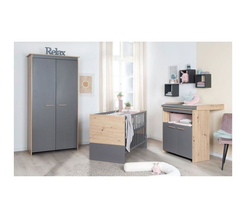 Ensemble 3 Pièces Chambre Bébé - Lit 60x120 Cm, Commode à Langer, Armoire 2 Portes