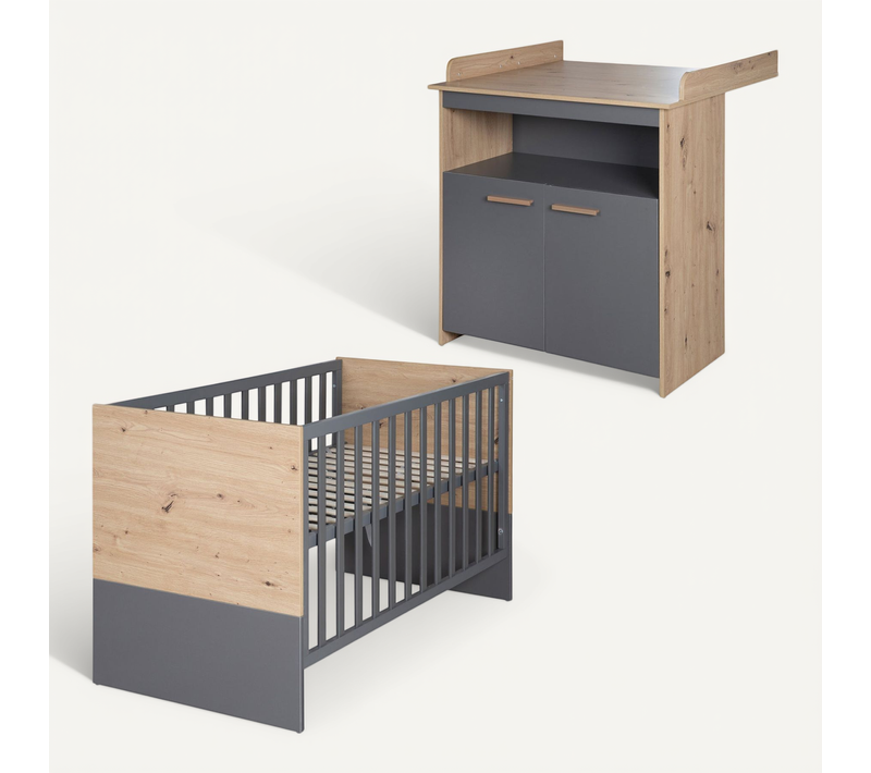 Chambre Bébé Modulable - Lit 60x120 Transformable + Commode à Langer - Anthracite Et Chêne - Anna