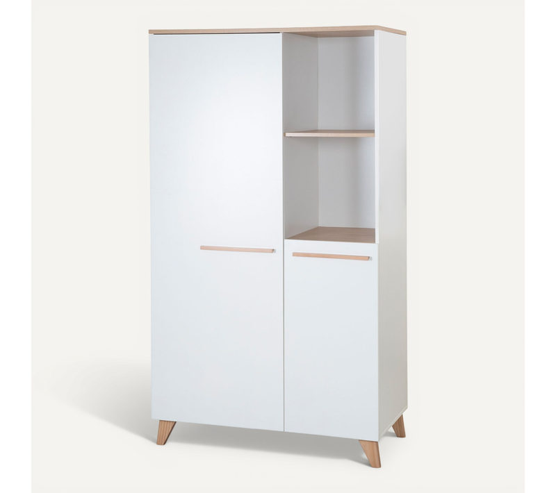Armoire Enfant Leon 2 Portes – Pieds Et Poignées Bois - Blanc / Chêne Clair