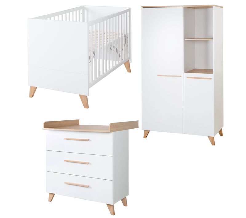 Chambre Bébé Leon Trio – Lit 60x120 + Commode + Armoire - Blanc / Chêne Clair