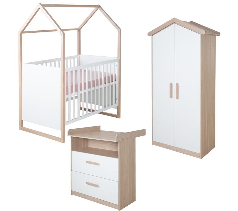 Chambre Bébé Complète - Armoire 2 Portes + Lit 60x120 + Commode à Langer - Blanc Et Chêne - Cabane