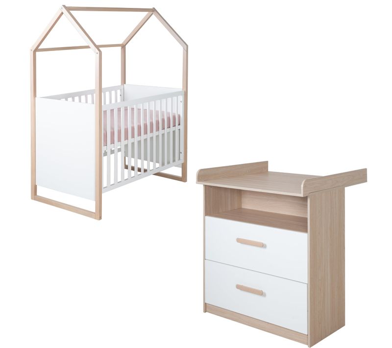 Chambre Bébé Modulable - Lit 60x120 Transformable + Commode à Langer - Blanc Et Chêne - Cabane