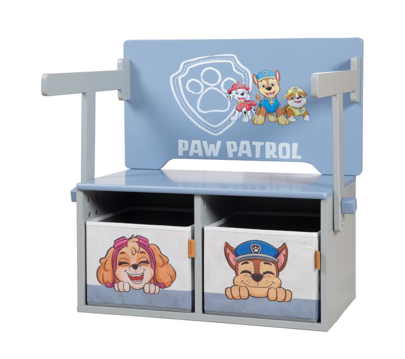 Bureau Et Banc Enfant 2-en-1 En Bois Laqué Bleu Gris Avec 2 Boites De Rangements - Pat'patrouille