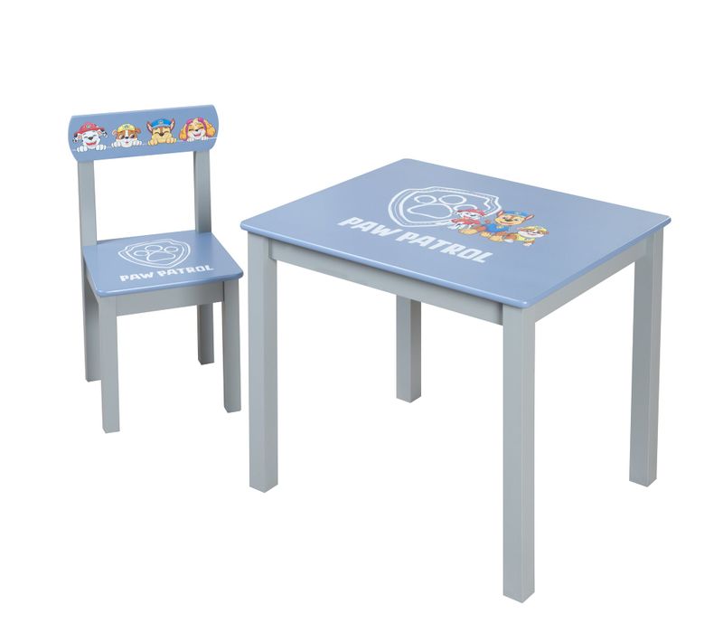 Ensemble Table + 1 Chaise Enfant En Bois Massif Laqué Bleu Gris Pat' Patrouille