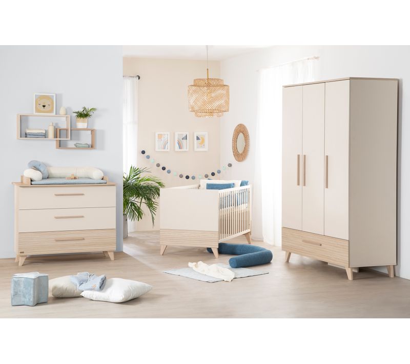 Chambre Bébé Trio Sidney - Lit Évolutif 70x140 + Commode à Langer + Armoire - Beige - Décor Chêne