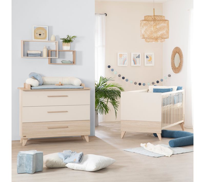 Chambre Bébé Duo Sidney - Lit Évolutif 70x140 + Commode à Langer - Beige - Décor Chêne