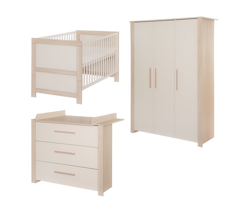 Chambre Bébé Complète - Armoire + Lit Évolutif 70x140 + Commode à Langer - Beige Et Chêne - Momo