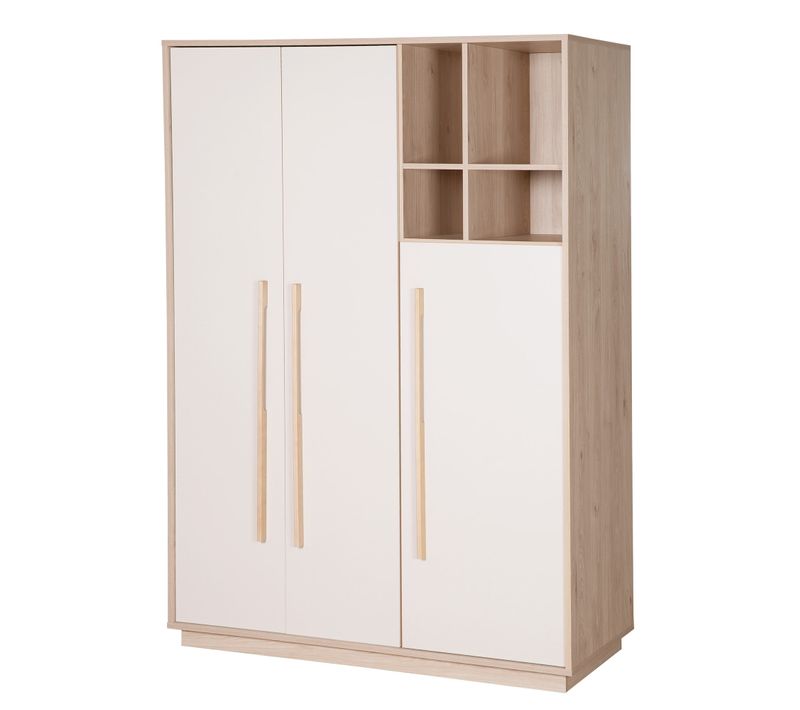 Armoire Enfant 3 Portes 4 Niches - Fermeture Douce - Cachemire Et Effet Noyer - Elva