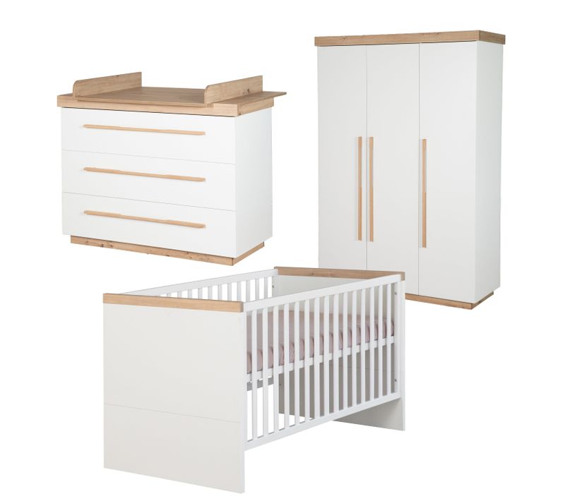 Chambre Bébé Complète - Lit 70x140 + Commode À Langer + Armoire - Blanc Et Chêne - Lumo