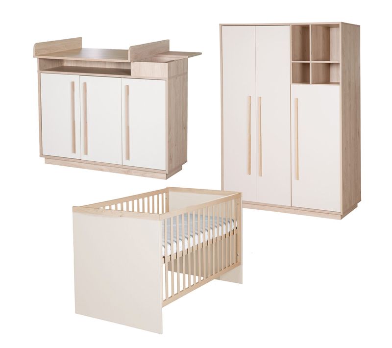Chambre Bébé Complète - Lit 70x140 + Commode À Langer + Armoire - Cachemire Et Effet Noyer - Elva